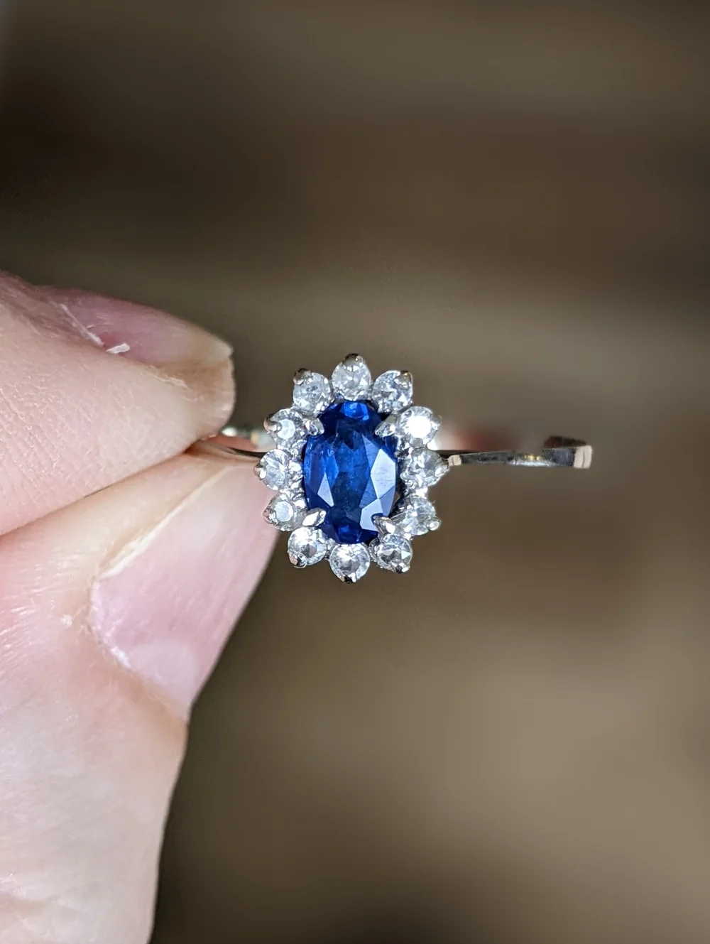 18K White Gold Blue Sapphire Ring With White Sapphire Halo - Picture 10 of 16